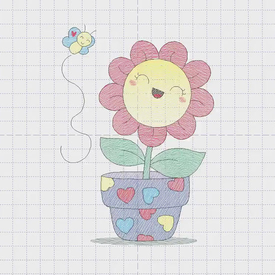 Flower with happy face embroidery designs - Flowerpot machine embroidery pattern - Floral Grandma Kitchen Towel - Instant download pes jef