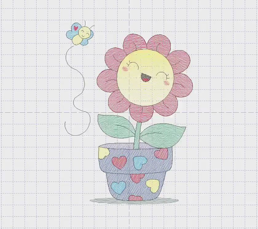 Flower with happy face embroidery designs - Flowerpot machine embroidery pattern - Floral Grandma Kitchen Towel - Instant download pes jef