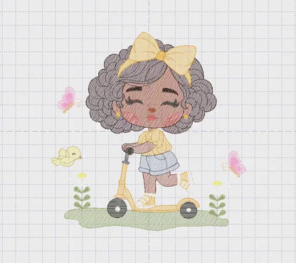 Girl embroidery designs - Girl with black hair embroidery design machine embroidery pattern - Curly hair girl with flower - Instant download