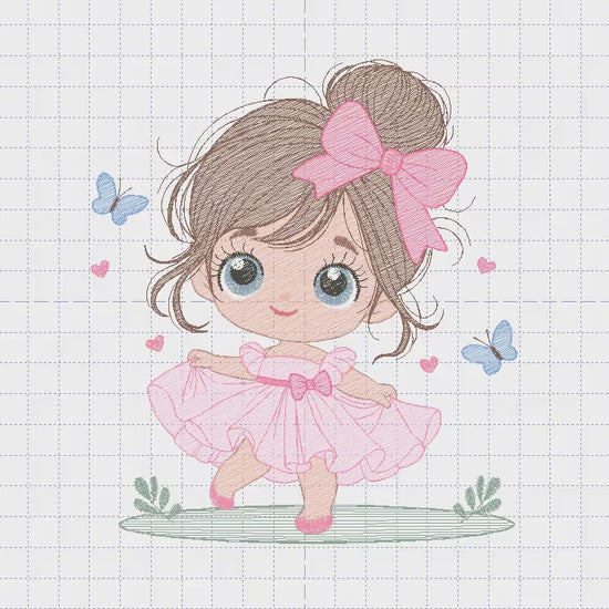 Young Girl with dress embroidery designs - Baby girl with long hair and bow machine embroidery pattern - Party dress file - Instant download