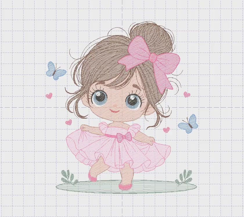 Young Girl with dress embroidery designs - Baby girl with long hair and bow machine embroidery pattern - Party dress file - Instant download