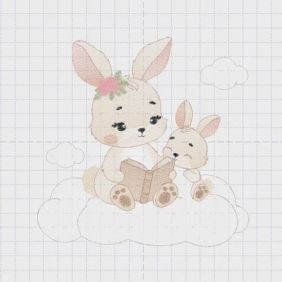 Bunny mother with baby girl embroidery design - Female Rabbit reading a book machine embroidery pattern - Instant download pes jef dst hus