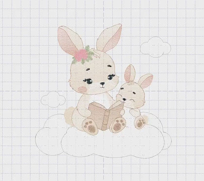 Bunny mother with baby girl embroidery design - Female Rabbit reading a book machine embroidery pattern - Instant download pes jef dst hus