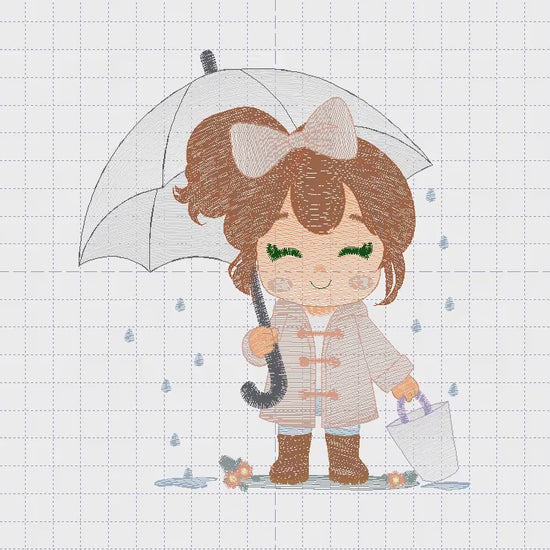 Baby girl with umbrella embroidery design - Girl in the rain machine embroidery pattern - Raining weather winter file - Instant download pes