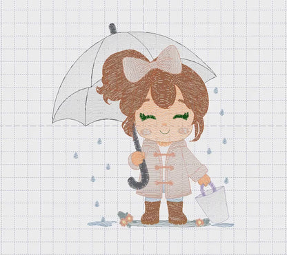 Baby girl with umbrella embroidery design - Girl in the rain machine embroidery pattern - Raining weather winter file - Instant download pes