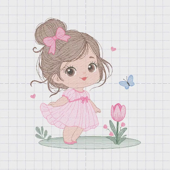 Princess Girl Embroidery Design, Rippled Stitch, Kawaii Princess Digital File