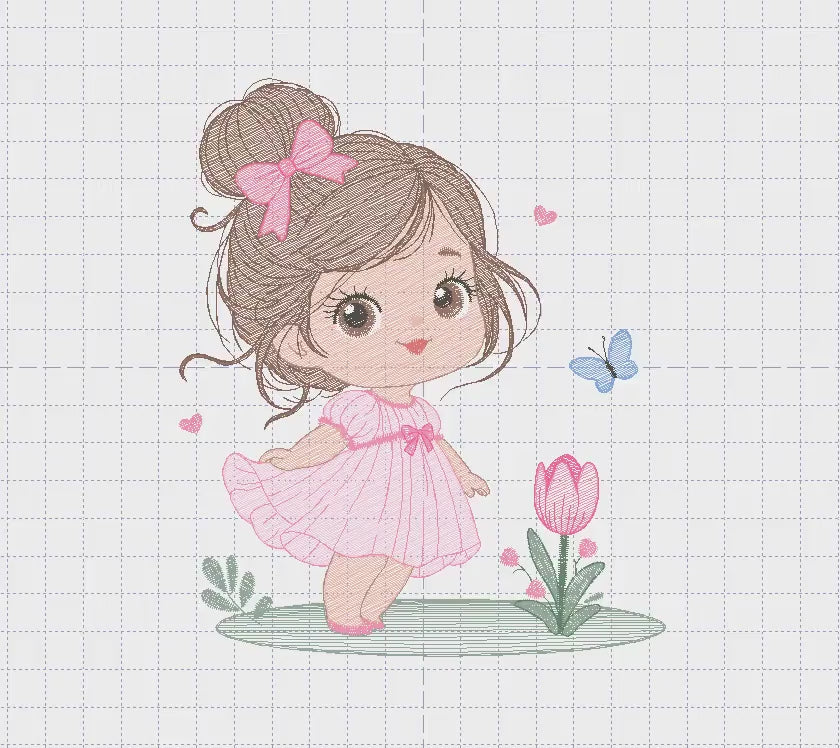 Princess Girl Embroidery Design, Rippled Stitch, Kawaii Princess Digital File