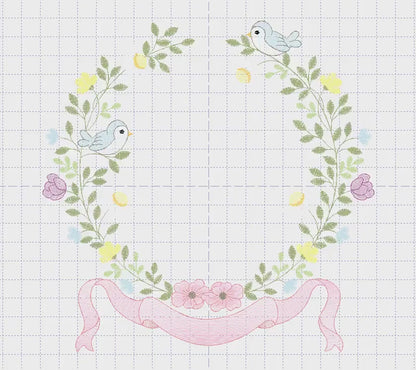 Birds with flower frame embroidery designs - Floral Wreath machine embroidery pattern - Daisies Kitchen Towel - Instant digital download pes