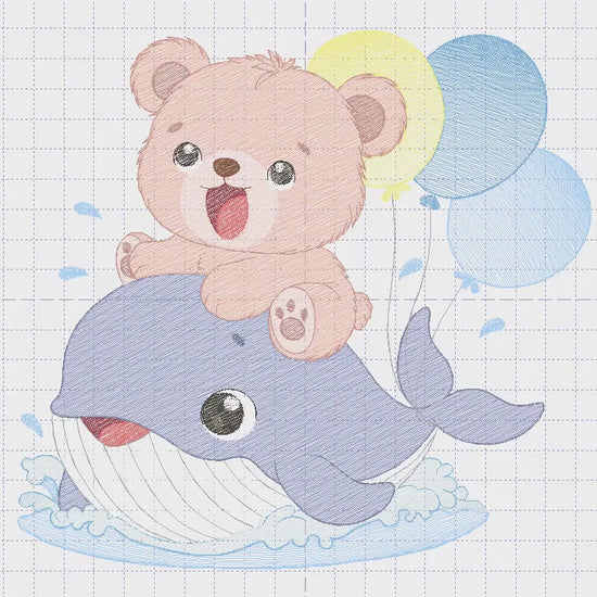 Bear with Whale embroidery designs - Ocean Animal with balloons machine embroidery pattern - Sea Life Baby Boy - Instant digital download