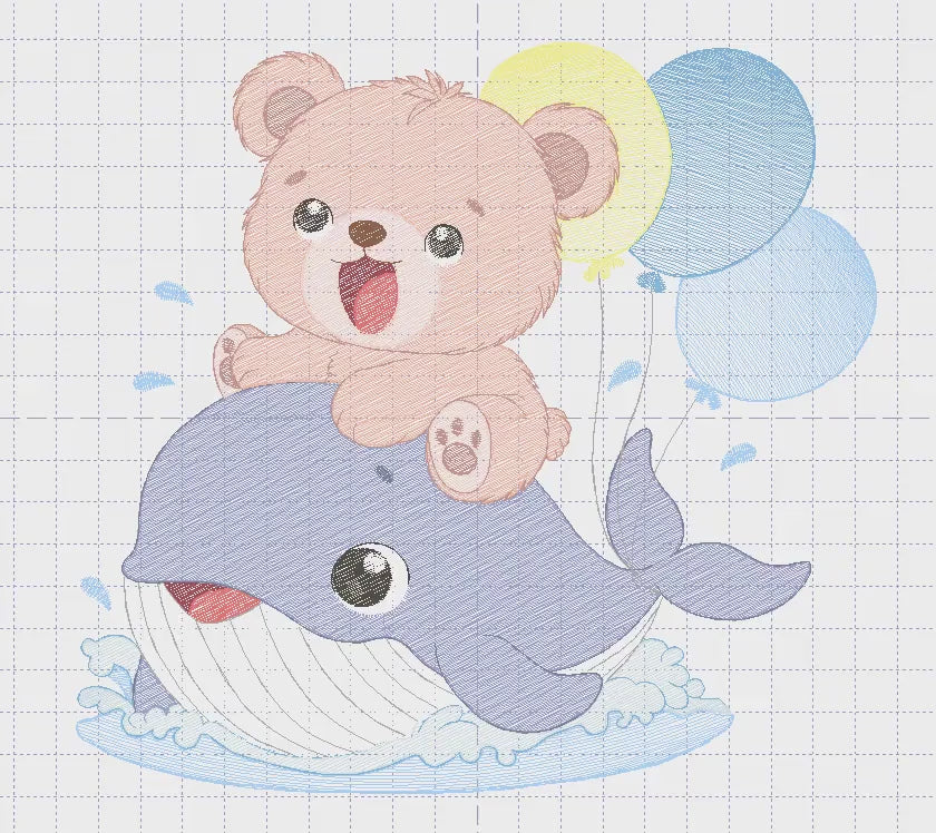 Bear with Whale embroidery designs - Ocean Animal with balloons machine embroidery pattern - Sea Life Baby Boy - Instant digital download