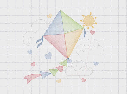 Kite embroidery designs - Baby Boy embroidery design machine embroidery pattern - Kid toy embroidery file - Sky flying clouds - pes download
