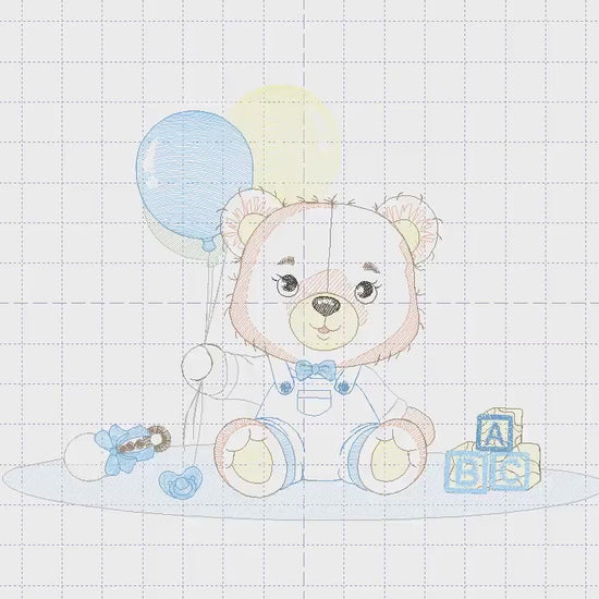 Bear playing with toys embroidery designs - Boy bear with balloons machine embroidery pattern - Instant digital download pes jef dst hus vp3
