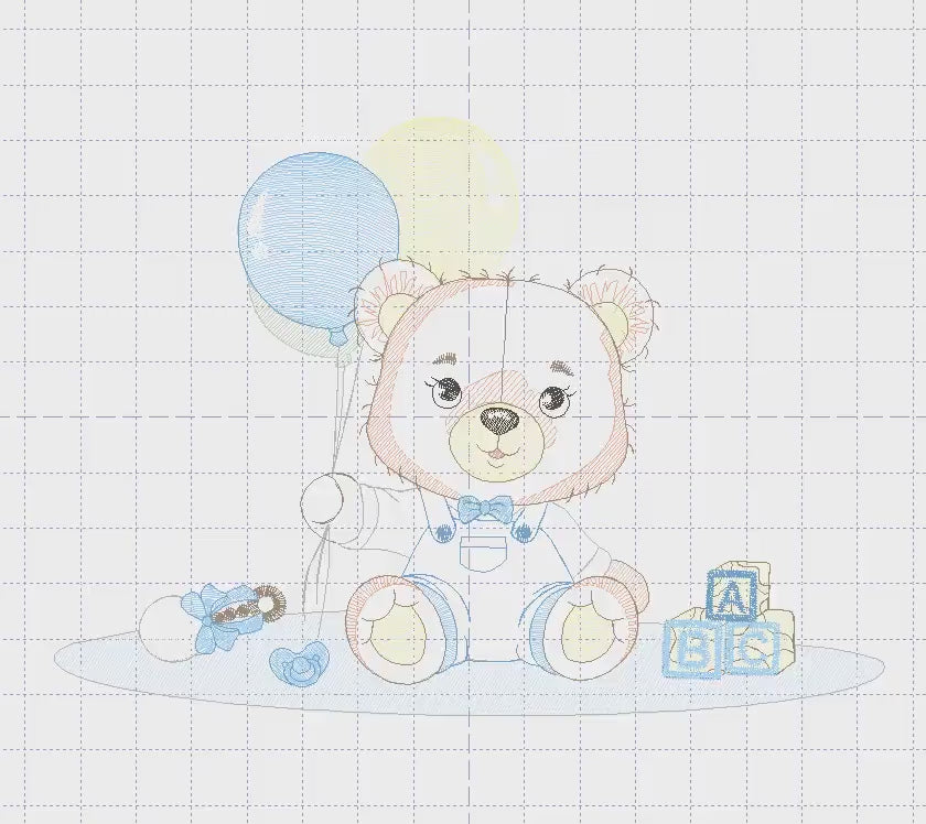 Bear playing with toys embroidery designs - Boy bear with balloons machine embroidery pattern - Instant digital download pes jef dst hus vp3