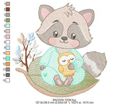 Raccoon embroidery design - Woodland Forest Animal with pajamas machine embroidery pattern - Baby girl and Boy file - Instant download pes jef - Marcia Embroidery