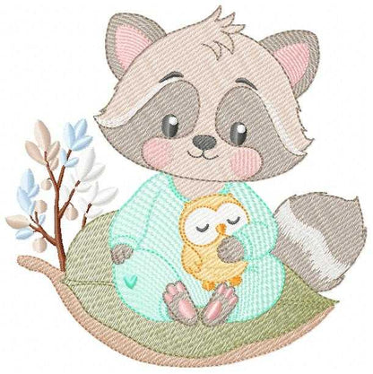 Raccoon embroidery design - Woodland Forest Animal with pajamas machine embroidery pattern - Baby girl and Boy file - Instant download pes jef - Marcia Embroidery