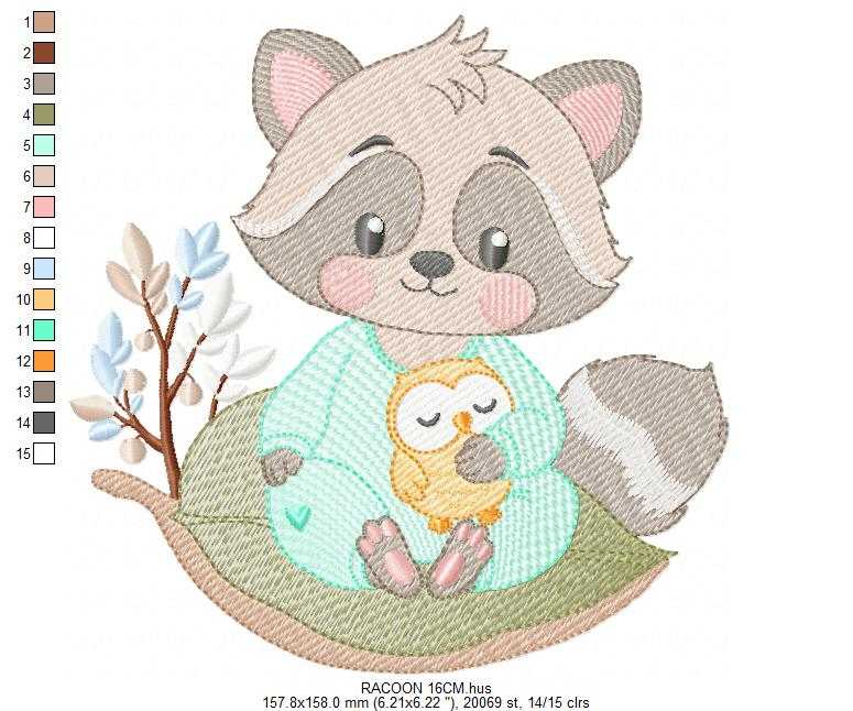 Raccoon embroidery design - Woodland Forest Animal with pajamas machine embroidery pattern - Baby girl and Boy file - Instant download pes jef - Marcia Embroidery