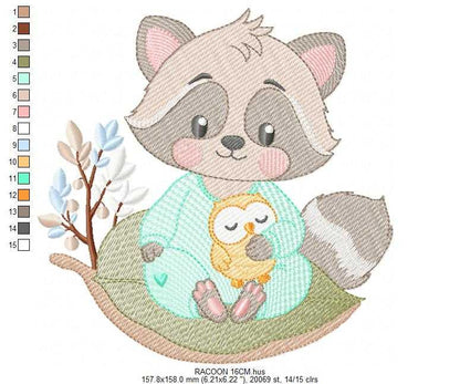Raccoon embroidery design - Woodland Forest Animal with pajamas machine embroidery pattern - Baby girl and Boy file - Instant download pes jef - Marcia Embroidery