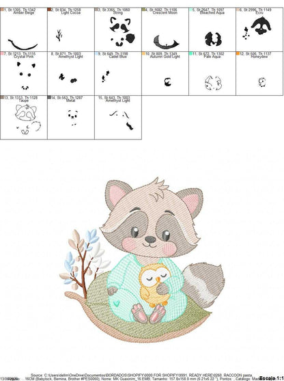 Raccoon embroidery design - Woodland Forest Animal with pajamas machine embroidery pattern - Baby girl and Boy file - Instant download pes jef - Marcia Embroidery