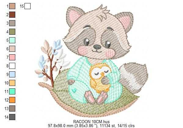 Raccoon embroidery design - Woodland Forest Animal with pajamas machine embroidery pattern - Baby girl and Boy file - Instant download pes jef - Marcia Embroidery