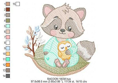 Raccoon embroidery design - Woodland Forest Animal with pajamas machine embroidery pattern - Baby girl and Boy file - Instant download pes jef - Marcia Embroidery