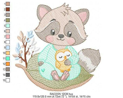 Raccoon embroidery design - Woodland Forest Animal with pajamas machine embroidery pattern - Baby girl and Boy file - Instant download pes jef - Marcia Embroidery