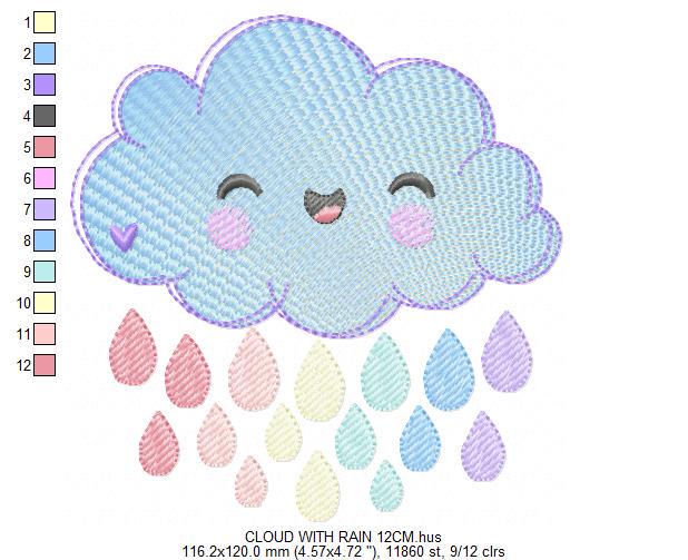 Raining Cloud embroidery design - Cloud with colorful drops machine embroidery pattern - Cloud with happy face - Instant digital download pes jef dst hus vp3 - Marcia Embroidery