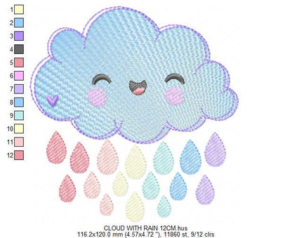 Raining Cloud embroidery design - Cloud with colorful drops machine embroidery pattern - Cloud with happy face - Instant digital download pes jef dst hus vp3 - Marcia Embroidery