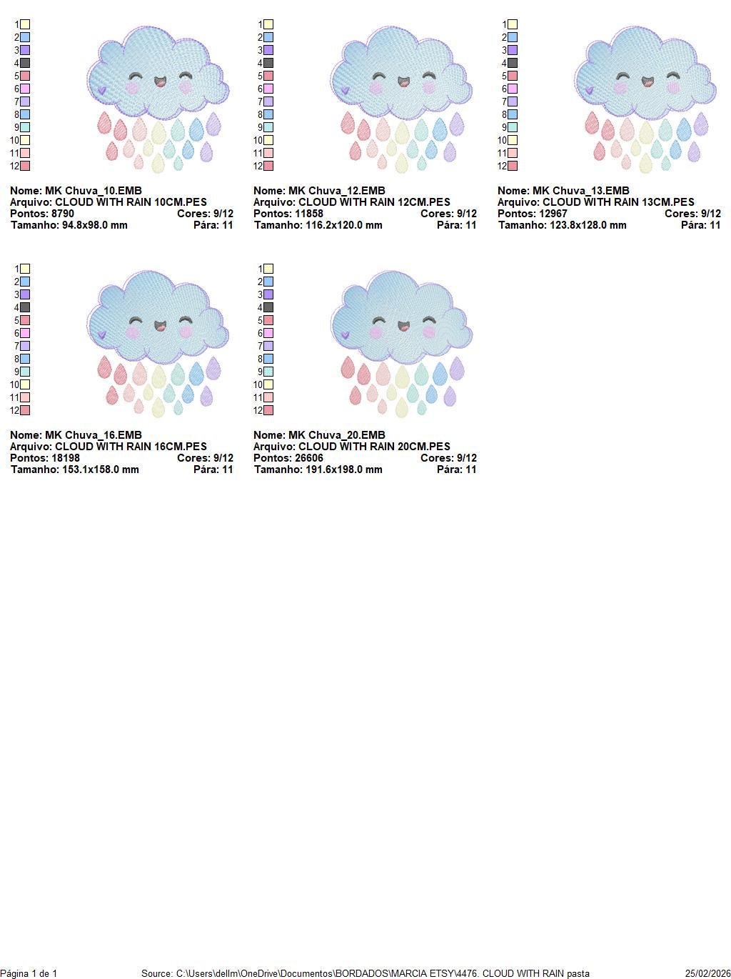 Raining Cloud embroidery design - Cloud with colorful drops machine embroidery pattern - Cloud with happy face - Instant digital download pes jef dst hus vp3 - Marcia Embroidery