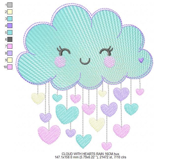 Raining Cloud embroidery design - Cloud with raining hearts machine embroidery pattern - Cloud with happy face - Baby girl and boy file - Instant digital download pes jef dst hus vp3 - Marcia Embroidery