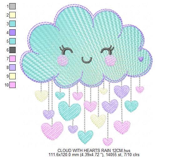 Raining Cloud embroidery design - Cloud with raining hearts machine embroidery pattern - Cloud with happy face - Baby girl and boy file - Instant digital download pes jef dst hus vp3 - Marcia Embroidery