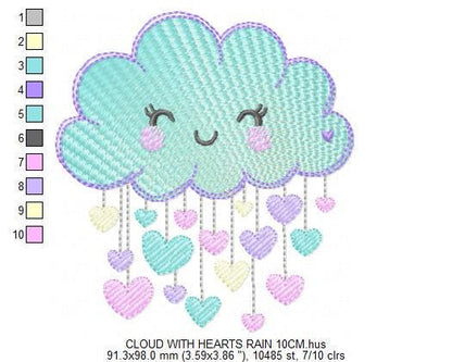 Raining Cloud embroidery design - Cloud with raining hearts machine embroidery pattern - Cloud with happy face - Baby girl and boy file - Instant digital download pes jef dst hus vp3 - Marcia Embroidery