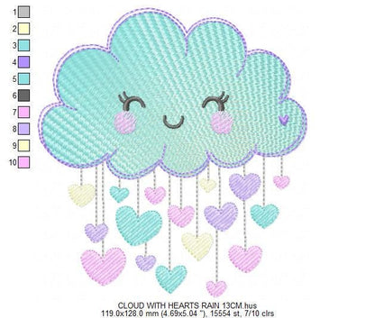 Raining Cloud embroidery design - Cloud with raining hearts machine embroidery pattern - Cloud with happy face - Baby girl and boy file - Instant digital download pes jef dst hus vp3 - Marcia Embroidery