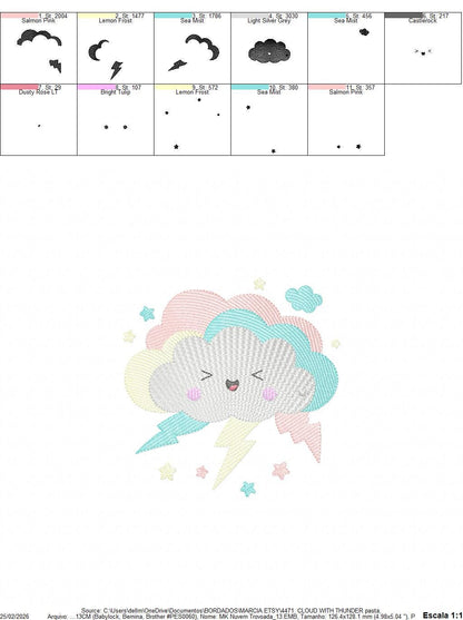 Raining Storm Cloud embroidery design - Cloud with lightning and stars machine embroidery pattern - Cloud with happy face - Instant digital download pes jef dst hus vp3 - Marcia Embroidery