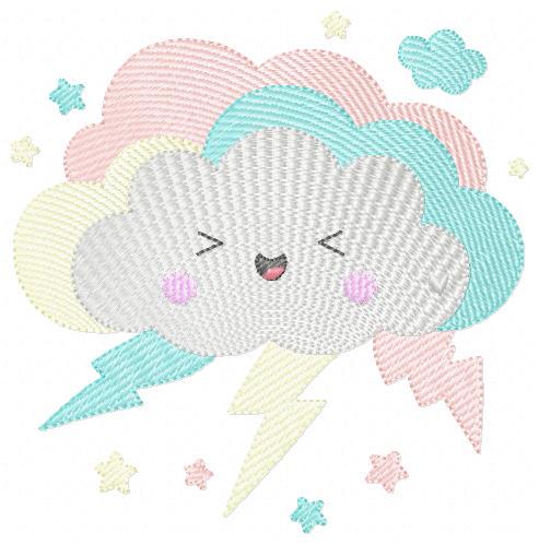 Raining Storm Cloud embroidery design - Cloud with lightning and stars machine embroidery pattern - Cloud with happy face - Instant digital download pes jef dst hus vp3 - Marcia Embroidery