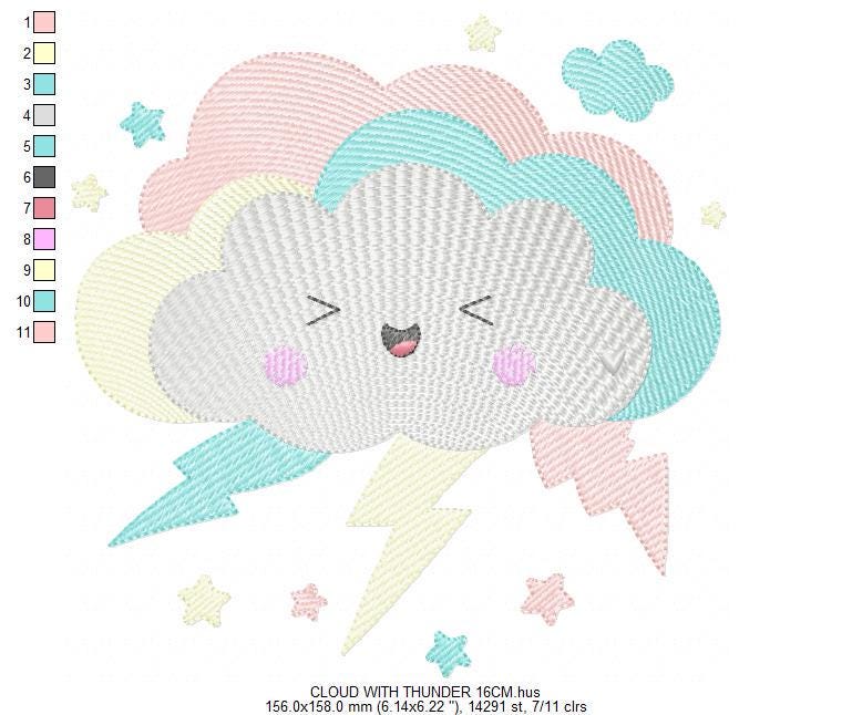 Raining Storm Cloud embroidery design - Cloud with lightning and stars machine embroidery pattern - Cloud with happy face - Instant digital download pes jef dst hus vp3 - Marcia Embroidery