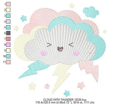 Raining Storm Cloud embroidery design - Cloud with lightning and stars machine embroidery pattern - Cloud with happy face - Instant digital download pes jef dst hus vp3 - Marcia Embroidery