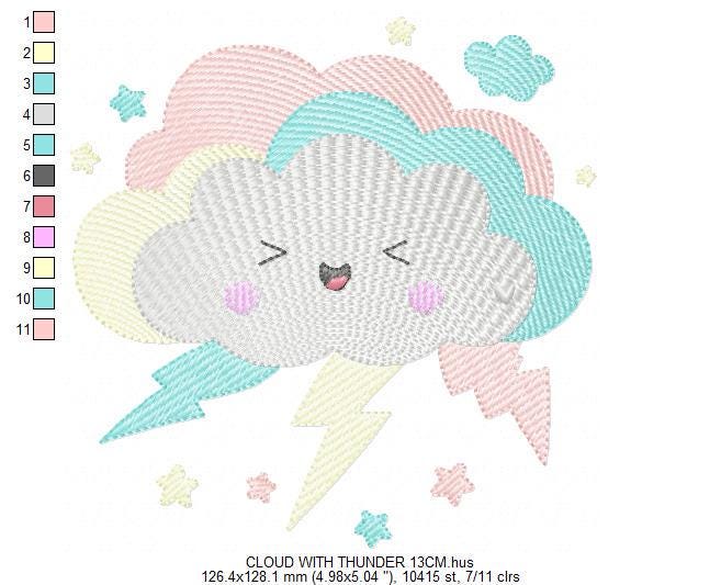 Raining Storm Cloud embroidery design - Cloud with lightning and stars machine embroidery pattern - Cloud with happy face - Instant digital download pes jef dst hus vp3 - Marcia Embroidery