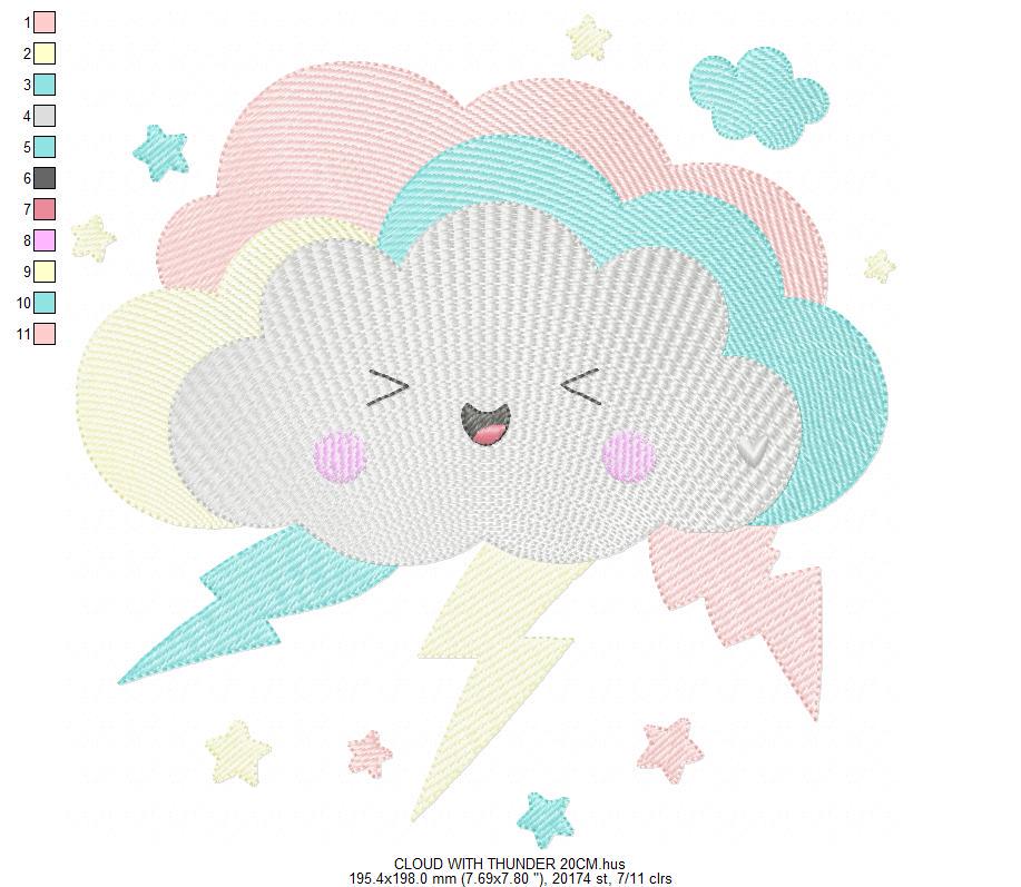 Raining Storm Cloud embroidery design - Cloud with lightning and stars machine embroidery pattern - Cloud with happy face - Instant digital download pes jef dst hus vp3 - Marcia Embroidery
