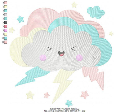 Raining Storm Cloud embroidery design - Cloud with lightning and stars machine embroidery pattern - Cloud with happy face - Instant digital download pes jef dst hus vp3 - Marcia Embroidery