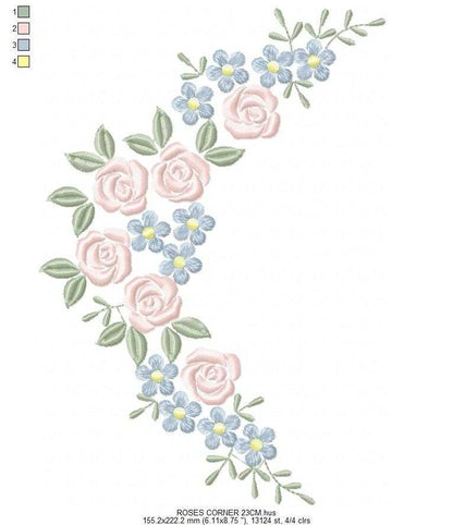Roses Corner embroidery design - Floral Frame machine embroidery pattern - Baby girl rosed and flowers embroidery file - Instant download pes - Marcia Embroidery