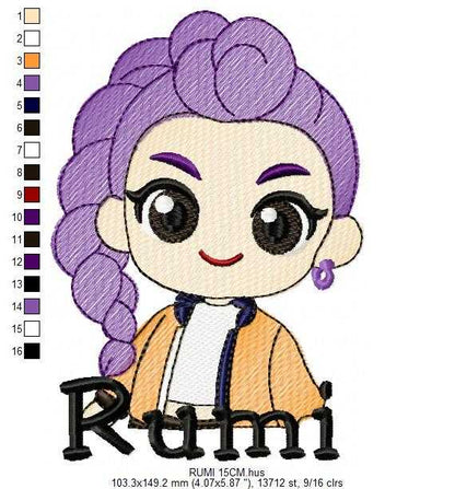 Rumi KPop Demon Hunters embroidery design - Kpop Warriors machine embroidery patterns - Baby girl file - Instant digital download - Marcia Embroidery