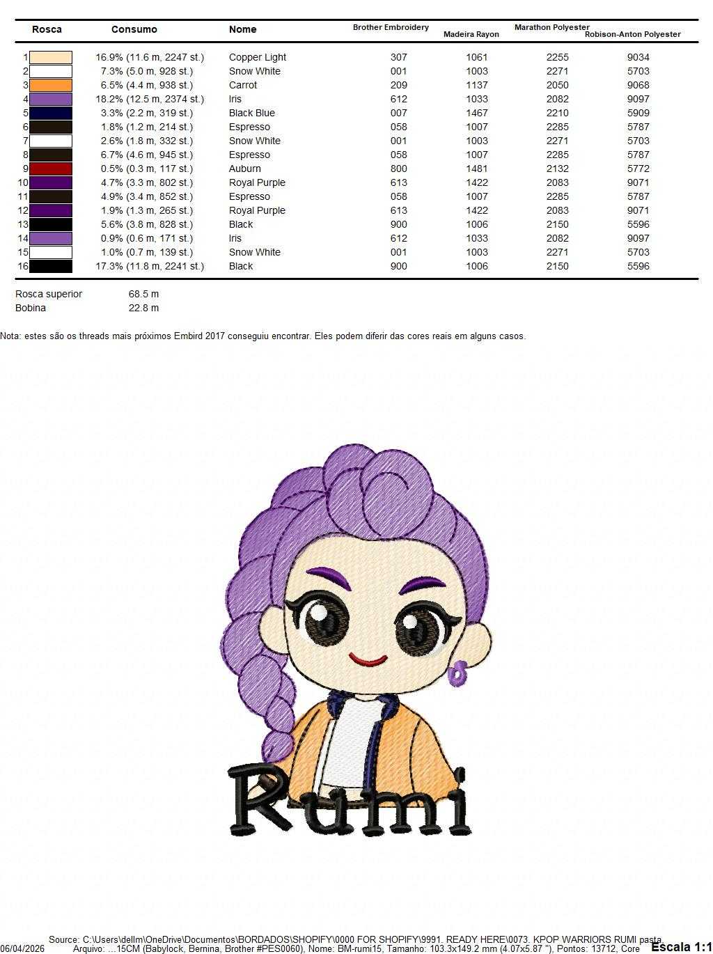 Rumi KPop Demon Hunters embroidery design - Kpop Warriors machine embroidery patterns - Baby girl file - Instant digital download - Marcia Embroidery