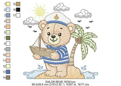 Sailor Bear embroidery design - Nautical Baby Boy Bear machine embroidery pattern - Nautical bear embroidery file - instant digital download pes jef - Marcia Embroidery