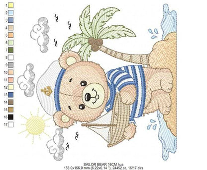 Sailor Bear embroidery design - Nautical Baby Boy Bear machine embroidery pattern - Nautical bear embroidery file - instant digital download pes jef - Marcia Embroidery
