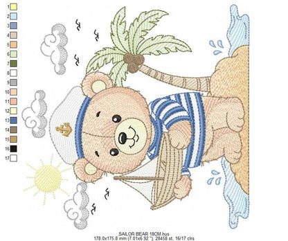 Sailor Bear embroidery design - Nautical Baby Boy Bear machine embroidery pattern - Nautical bear embroidery file - instant digital download pes jef - Marcia Embroidery