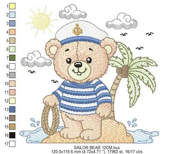Sailor Bear embroidery design - Nautical Baby Boy Bear machine embroidery pattern - Nautical bear embroidery file - instant digital download pes jef - Marcia Embroidery