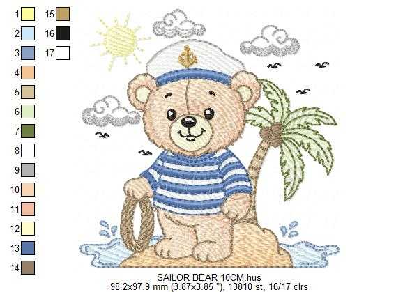 Sailor Bear embroidery design - Nautical Baby Boy Bear machine embroidery pattern - Nautical bear embroidery file - instant digital download pes jef - Marcia Embroidery