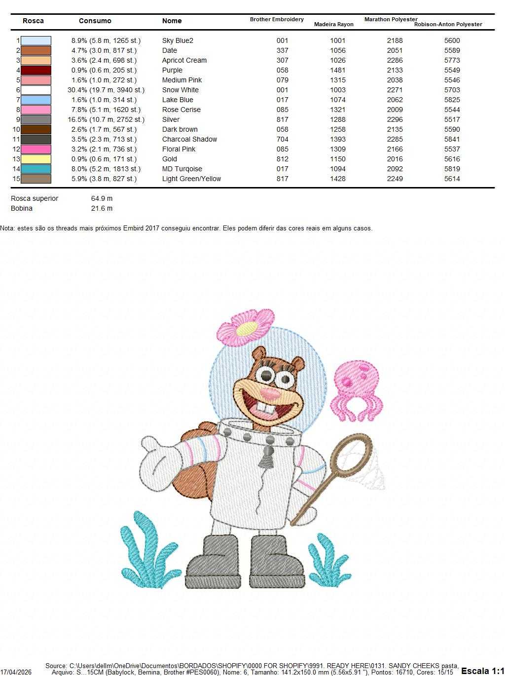 Sandy Cheeks embroidery design - SpongeBob SquarePants cartoon machine embroidery pattern - Baby boy and girl file - Instant digital download pes jef dst - Marcia Embroidery