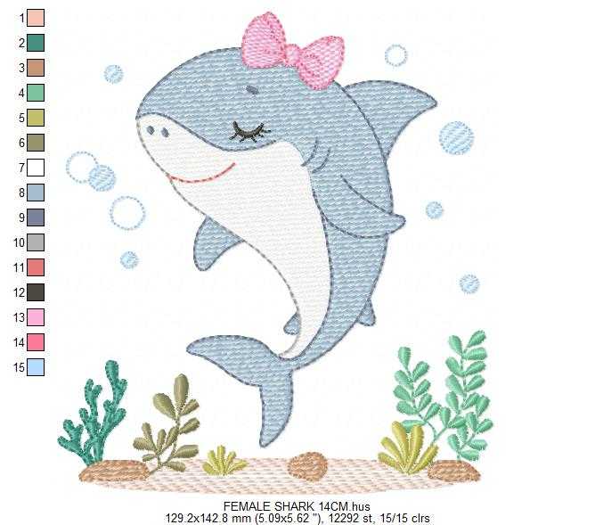 Shark embroidery design - Ocean animals machine pattern - Baby Girl Shark with algae bubbles and algae frame - Instant download pes jef dst - Marcia Embroidery