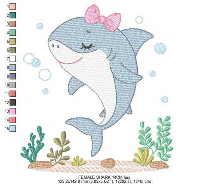 Shark embroidery design - Ocean animals machine pattern - Baby Girl Shark with algae bubbles and algae frame - Instant download pes jef dst - Marcia Embroidery